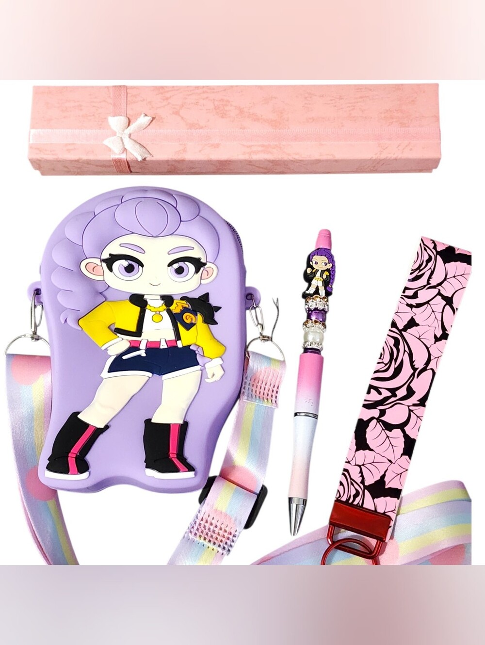Rumi 3 Piece Set Purple Crossbody Bag,Rumi Rhinestone Pen, & Wristlet Keychain